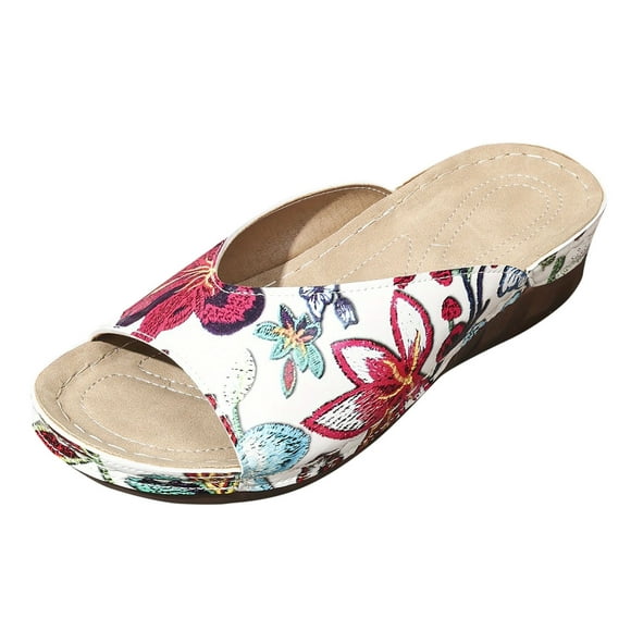 IUJSOY Women's Wedge Shoes Sandals Slip on Retro Floral Printed Bohemia Comfortable Platform Slides