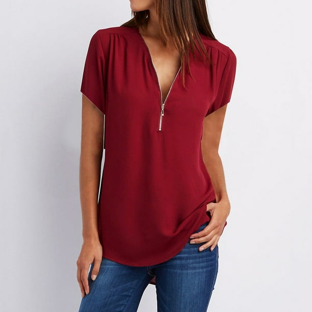 MKLEKYY Playeras Mujer Casual Camiseta Informal Para Mujer, Blusa Holgada Con Cuello En V Y Cremallera Talla XL