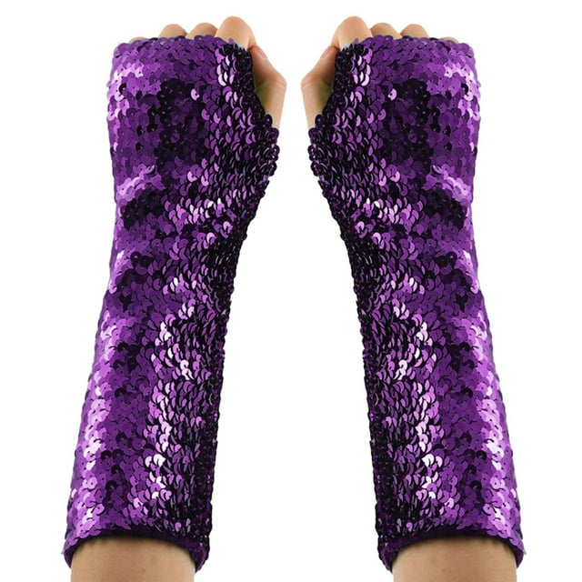 Roncen Gants Longs Sans Doigts Élastiques à Paillettes pour Costume de Fête Rave pour Femmes et Filles
