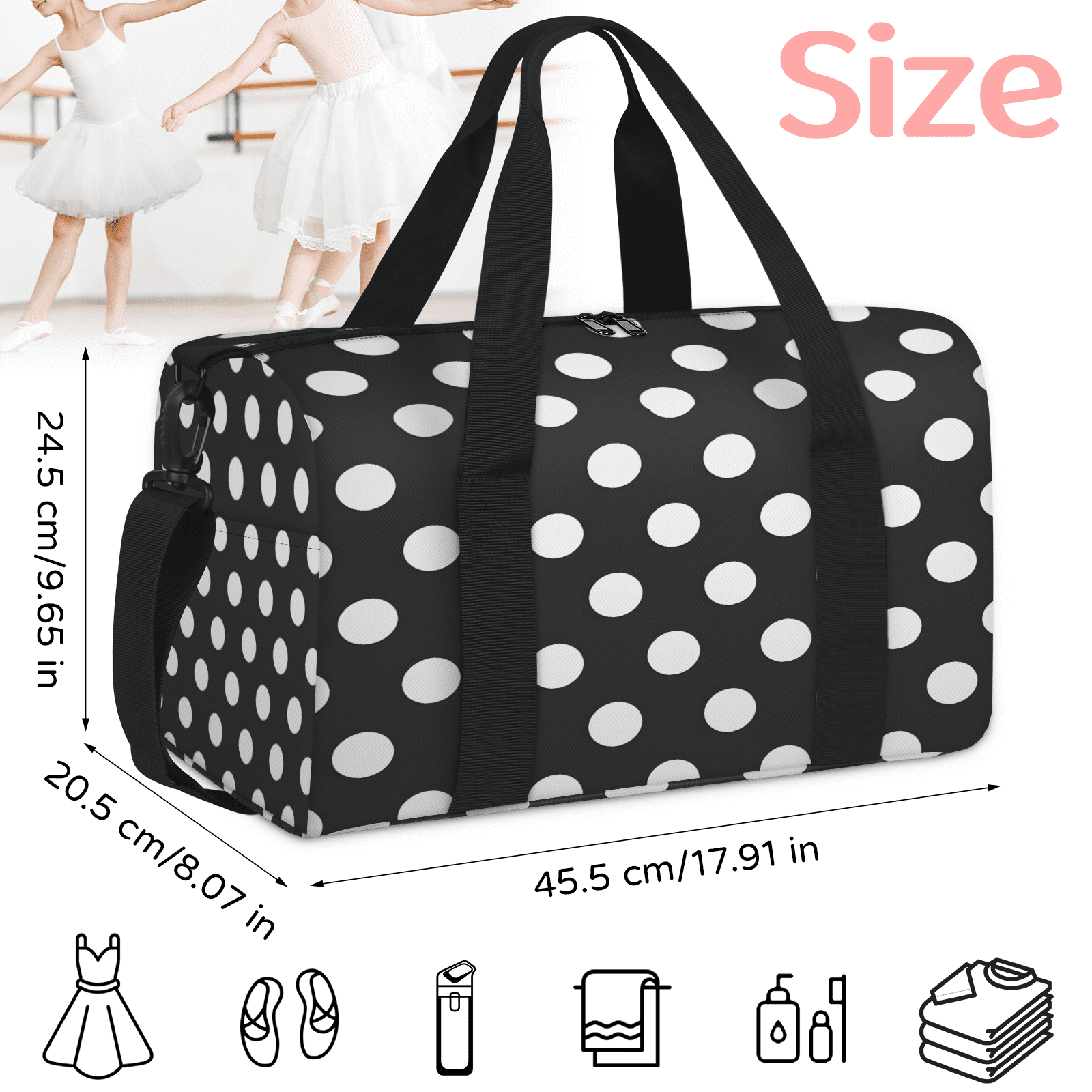 Herdesigns Black And White Polka Dots Travel Duffle Bag Sports Yoga Weekender Overnight Carry on Workout Bags Lightweight Waterproof Gym Tote Bag for Women