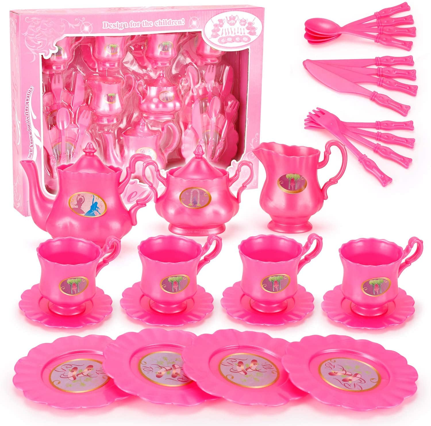 Princess Tea Party Set with Pretend Play Pink Tea Pots and Kitchen