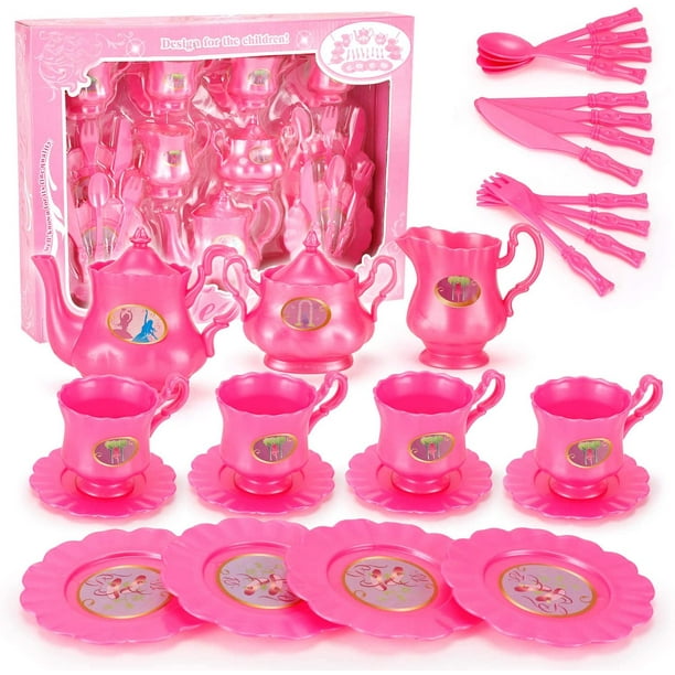 Princess Tea Party Set with Pretend Play Pink Tea Pots and Kitchen