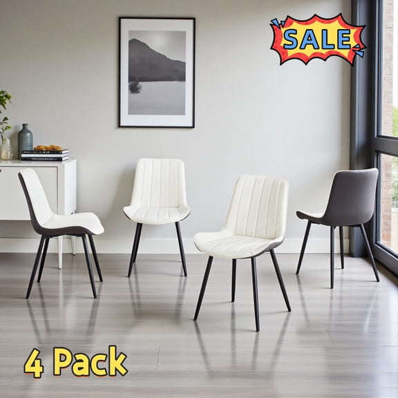 Tcbosik PU Leather Upholstered Chairs Set of 4, Modern Dining Chair, Accent Chair with Metal Legs for Kitchen, Living Room, Easy Assembly, Dark Gray & White