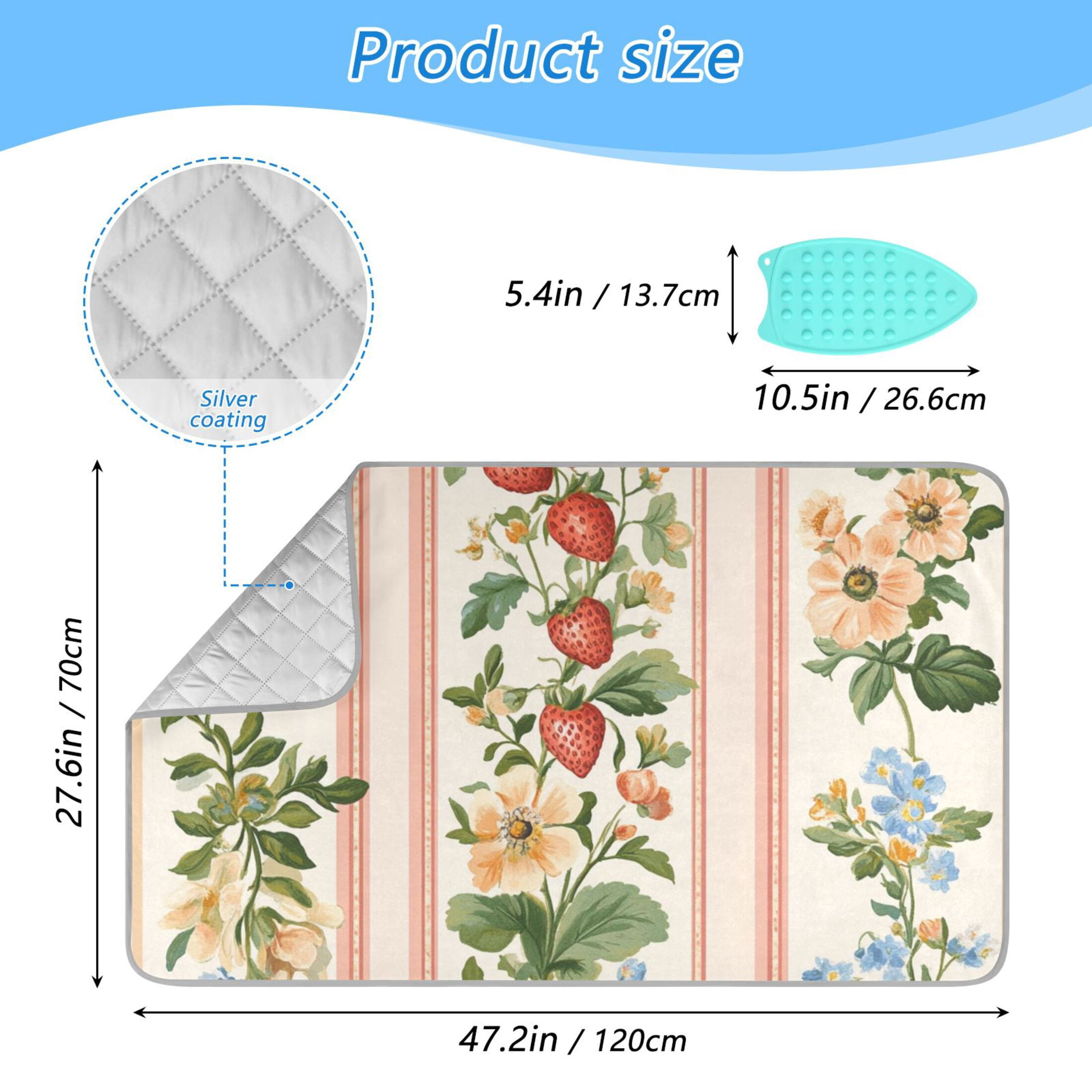 Strawberries Florals Vines Stripes Retro Ironing Mat Blanket Portable Travel Ironing Pad Heat Resistant Pad 47.2" x 27.6”