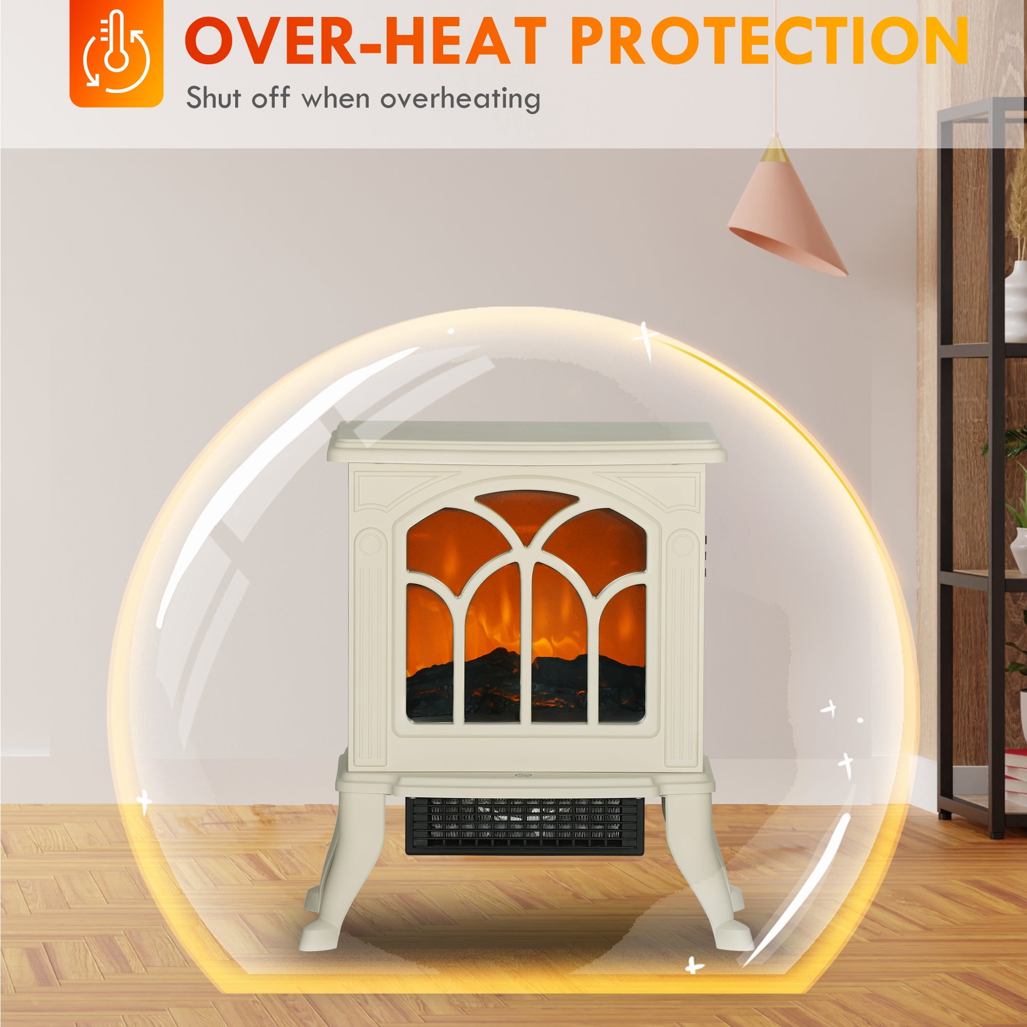14.75" Freestanding Electric Fireplace, Beige 750W/1500W 161-215 sq.ft, Tempered Glass Overheat Protection Independent Flame Effect