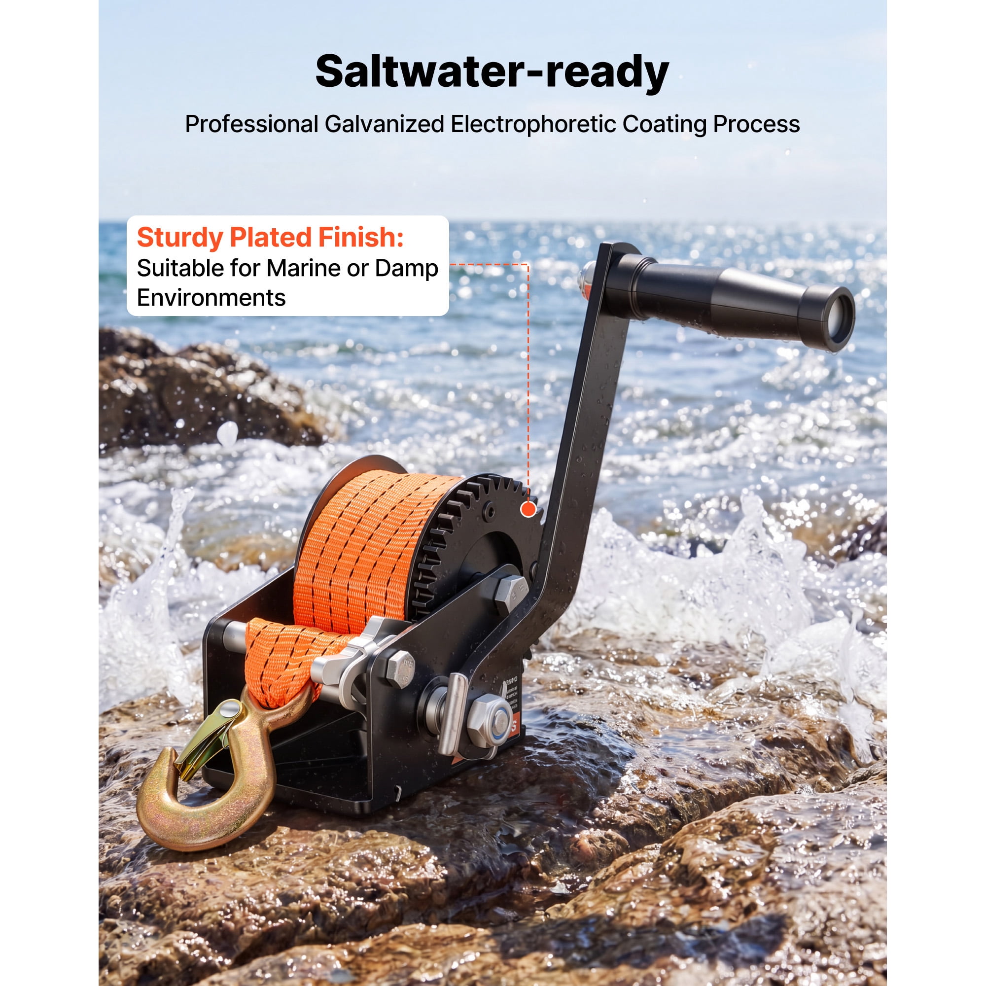 KFFKFF 600 lbs Hand Winch, Durable Manual Rope Crank with 20ft Orange Polyester Strap, Two-Way Ratchet, Anti-Slip Handle for Boat Trailer and ATV Towing