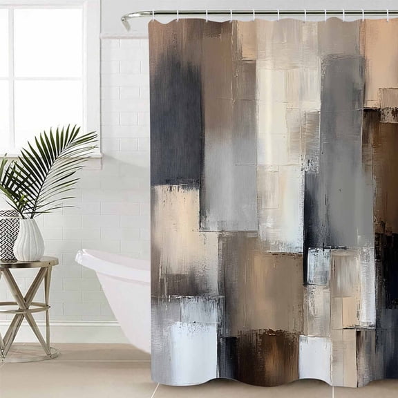 Grey Brown Abstract Waterproof Fabric Shower Curtain, Oil Painting Color Blocks Shower Curtain for Bathroom Curtains Bathtubs Hotel Washable Shower Curtains with 12 Hooks Long 72x78in