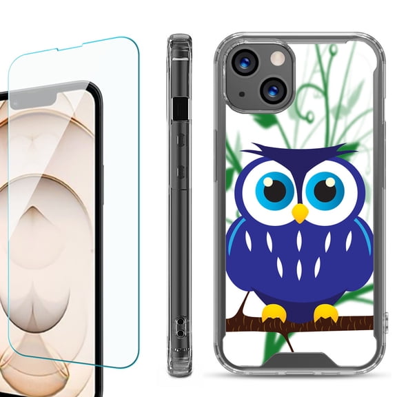 Shockproof Bumper Phone Case for iPhone 13, with Tempered Glass Screen Protector, by OneToughShield ® - Blue Owl