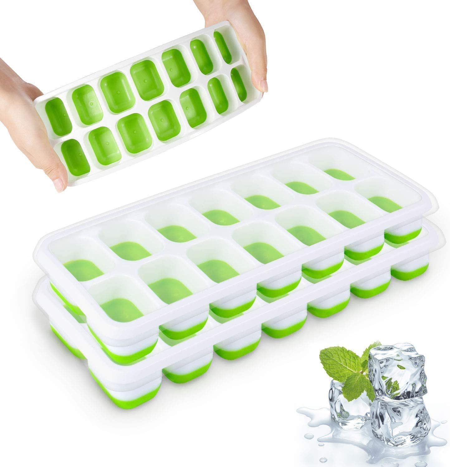 Ice Cube Trays with Lids 2 Pack Easy-Release Silicone and Flexible 14-Ice Trays 