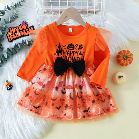 

Yiwula Girls Long Sleeve Cartoon Pumpkin Letters Prints Bowknot Mesh Tulle Princess Dress