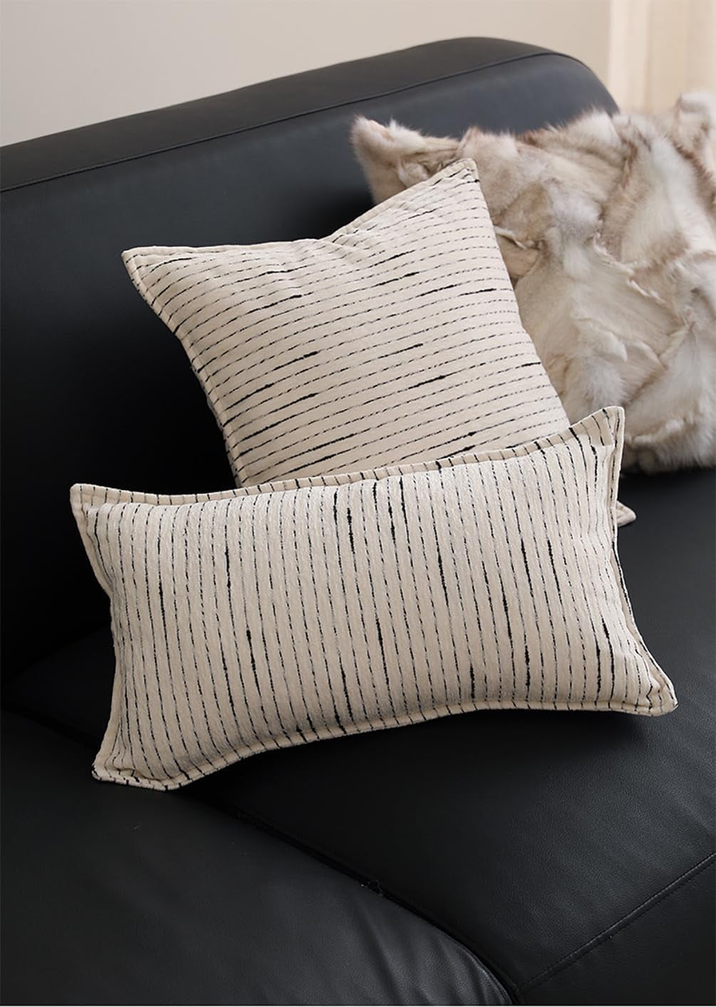 Fennco Styles Black Stripe Chenille Decorative Filled Throw Pillow 20" W X 20" L - White Woven Soft Cushion Case for Home, Couch, Bedroom, Living Room and Office Décor