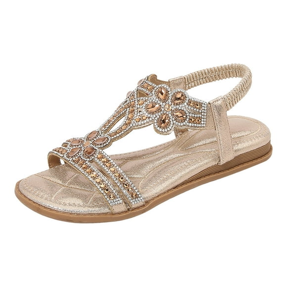 2025 Women's sandals Sandals for Women Comfort Barefoot Sandals for Women Wedding with Elastic Ankle Strap Casual Bohemian Beach Shoes Crystal Floral Casual Shoes Open Toe Low Heels