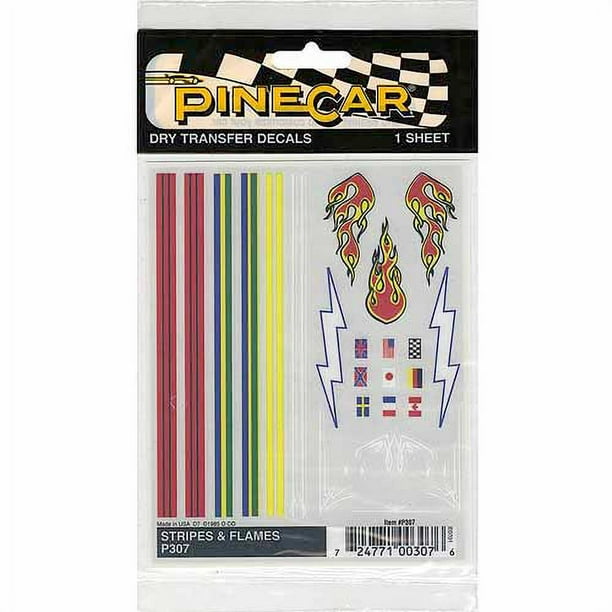 PineCar Dry Transfer Decals for Pinewood Derby Cars Stripes & Flames