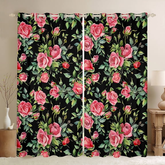 Homewish Rustic Rose Flower Black Out Curtains,Country Plant Curtains Pack of 2 (42x63 Each),Pink Green Black Bedroom Curtains For Girl Kids,Breathable Home Decor