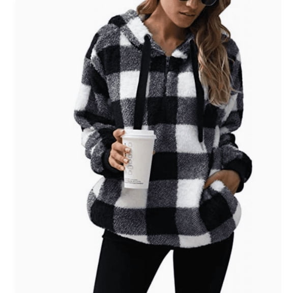 Women's Sherpa Pullover Sweatshirt Faux Fleece Quarter Zip Hoodie Double Fuzzy Hoodies with Pockets