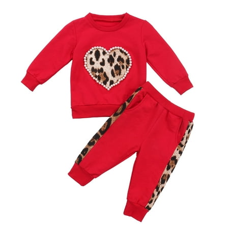 

Opperiaya Girl Leopard Long Sleeve Heart Printing T-Shirt Long Pants