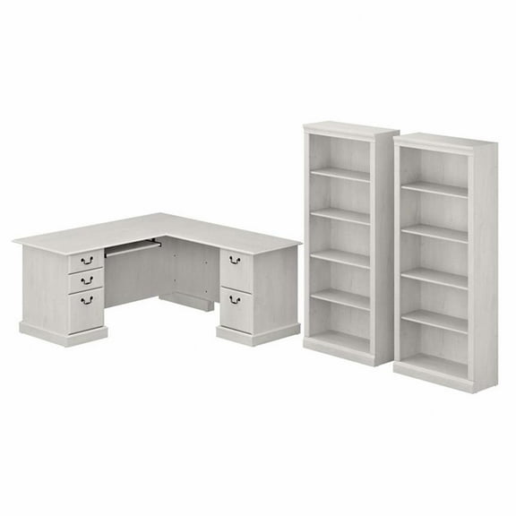 Pemberly Row Engineered Wood L Shaped Computer Desk with Bookcases - Linen White