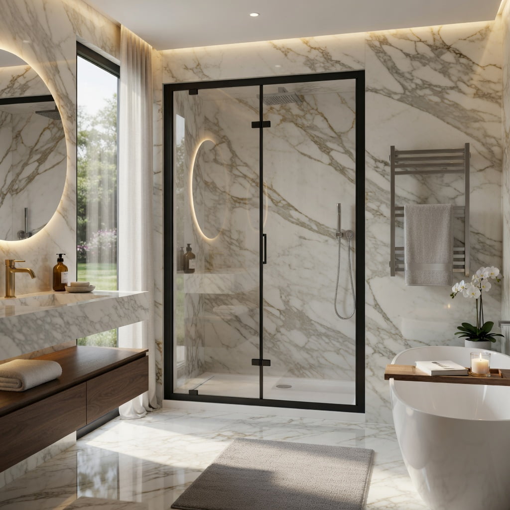 Hommoo Framed Bi-Fold Pivot Shower Door 32" x 72", Aluminum Frame, 1/4" Tempered Glass, Reversible Left/Right Installation, Space-Saving Folding Shower Enclosure, Black & Transparent
