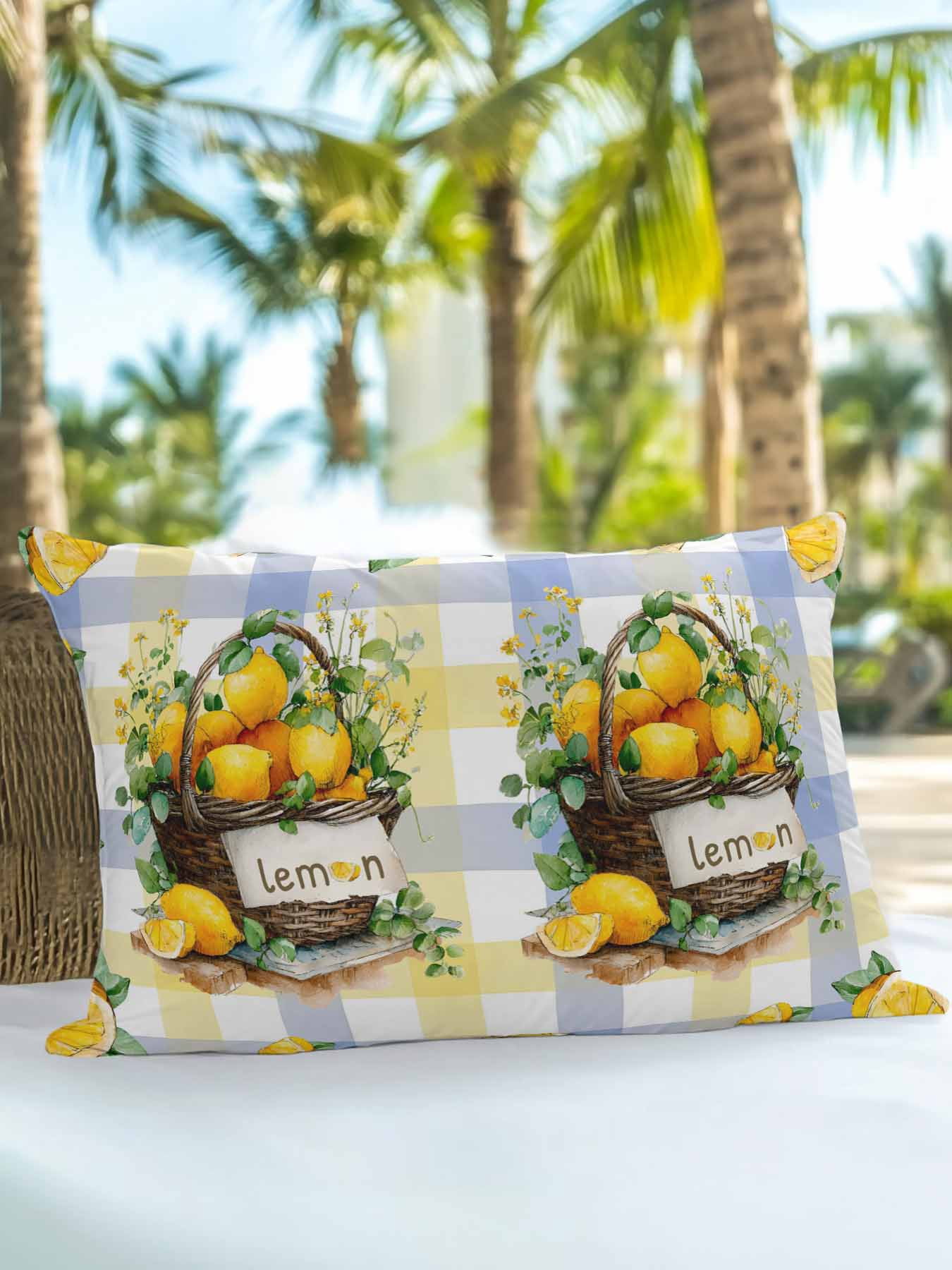 1 Pack Outdoor Pillows Waterproof, Lemon Basket Summer Indoor/Outdoor Throw Pillows with Inserts, Eucalyptus Blue Yellow Plaid Decorative Pillow for Patio Furniture Chairs Couch