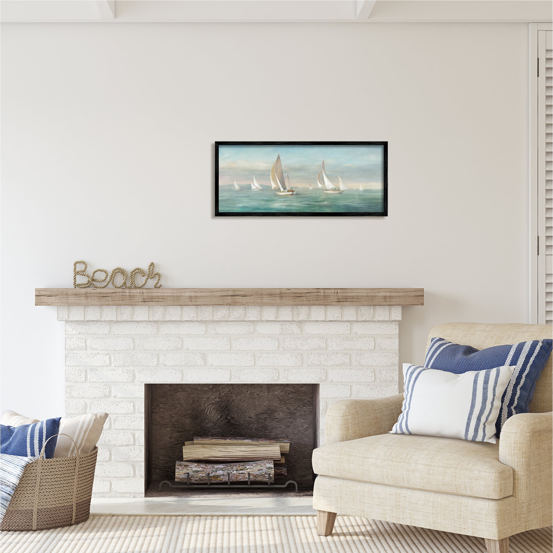 Stupell Industries Sailboat Fleet Ocean Waves Transportation Painting Black Framed Art Print Wall Art, 30 x 13