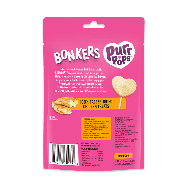 BONKERS Purrpops Lollipop Cat Treats Chicky Licks Flavor 100 Freeze Dried Chicken High Protein 4 Pack Walmart