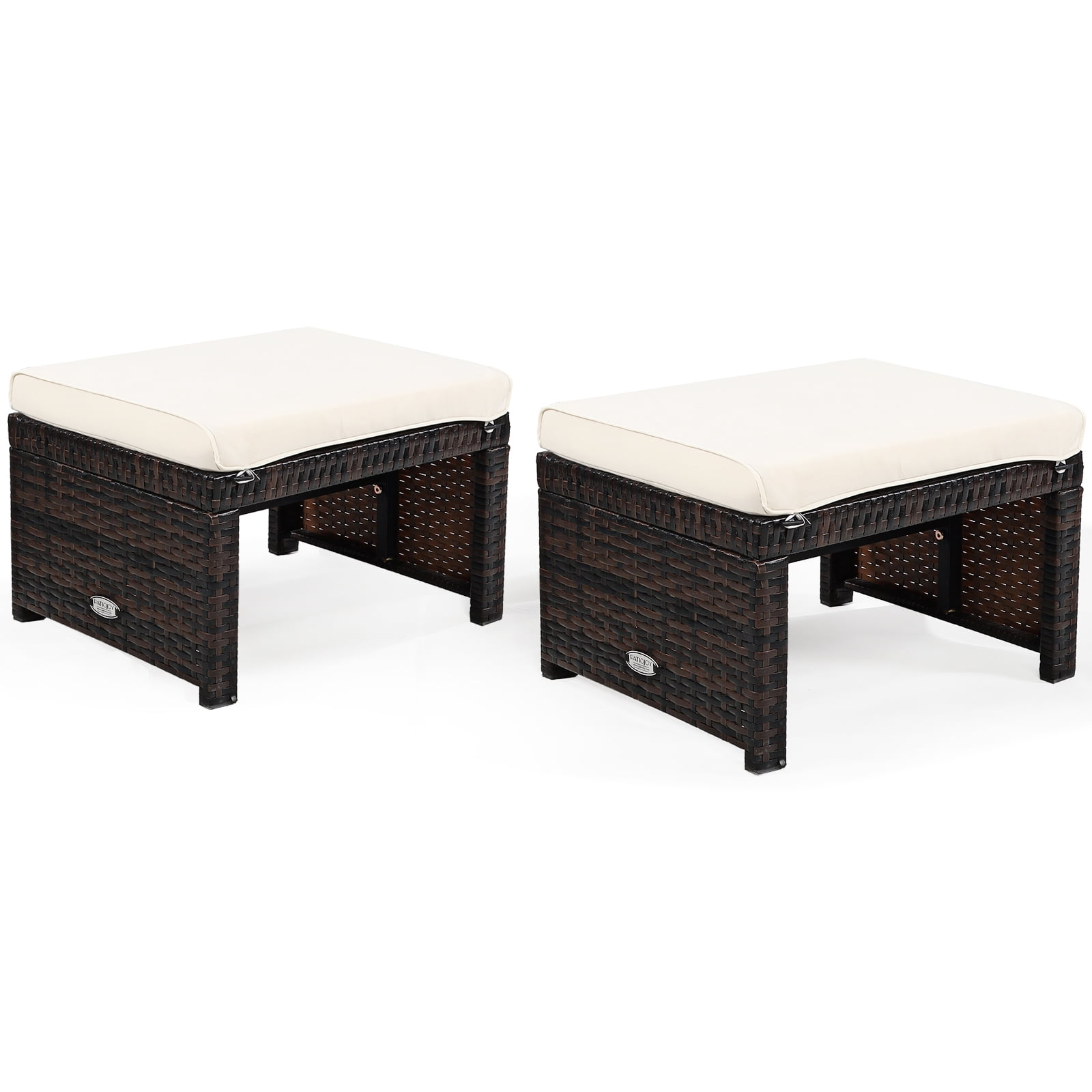 Patiojoy 2 PCS Outdoor Wicker Ottoman Patio Rattan Furniture Metal