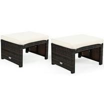 Patiojoy 2 PCS Outdoor Wicker Ottoman Patio Rattan Furniture Metal Footrest Seat Square Footstool with Cushion White