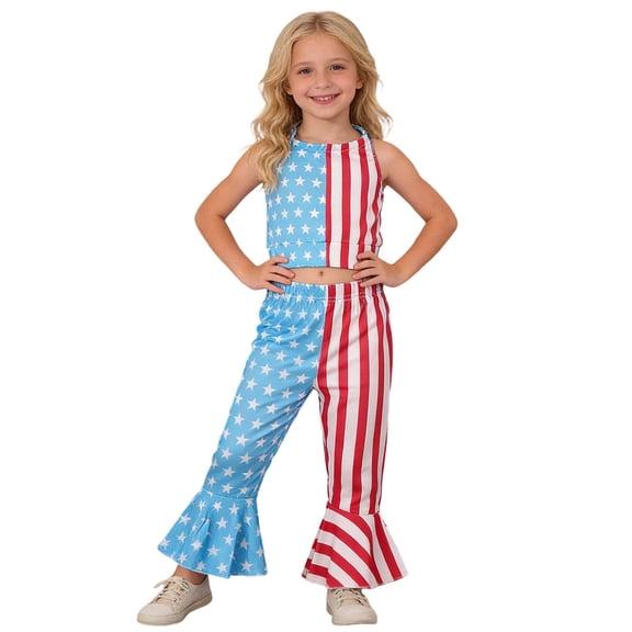 Toddler Girls 4th of July Outfit - Sleeveless Independence Day Top with Pants Patriotic USA Flag Summer Clothes Set for Baby Toddler Ages 1-5(Blue/100)