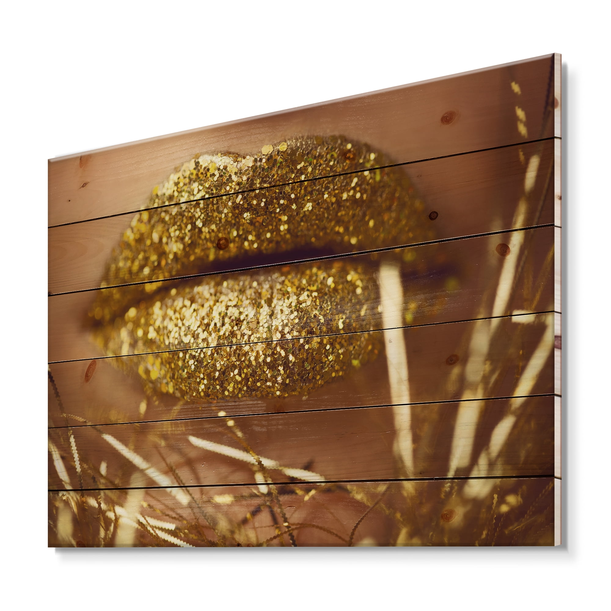 Designart 'Golden Female Lips' Modern Print on Natural Pine Wood