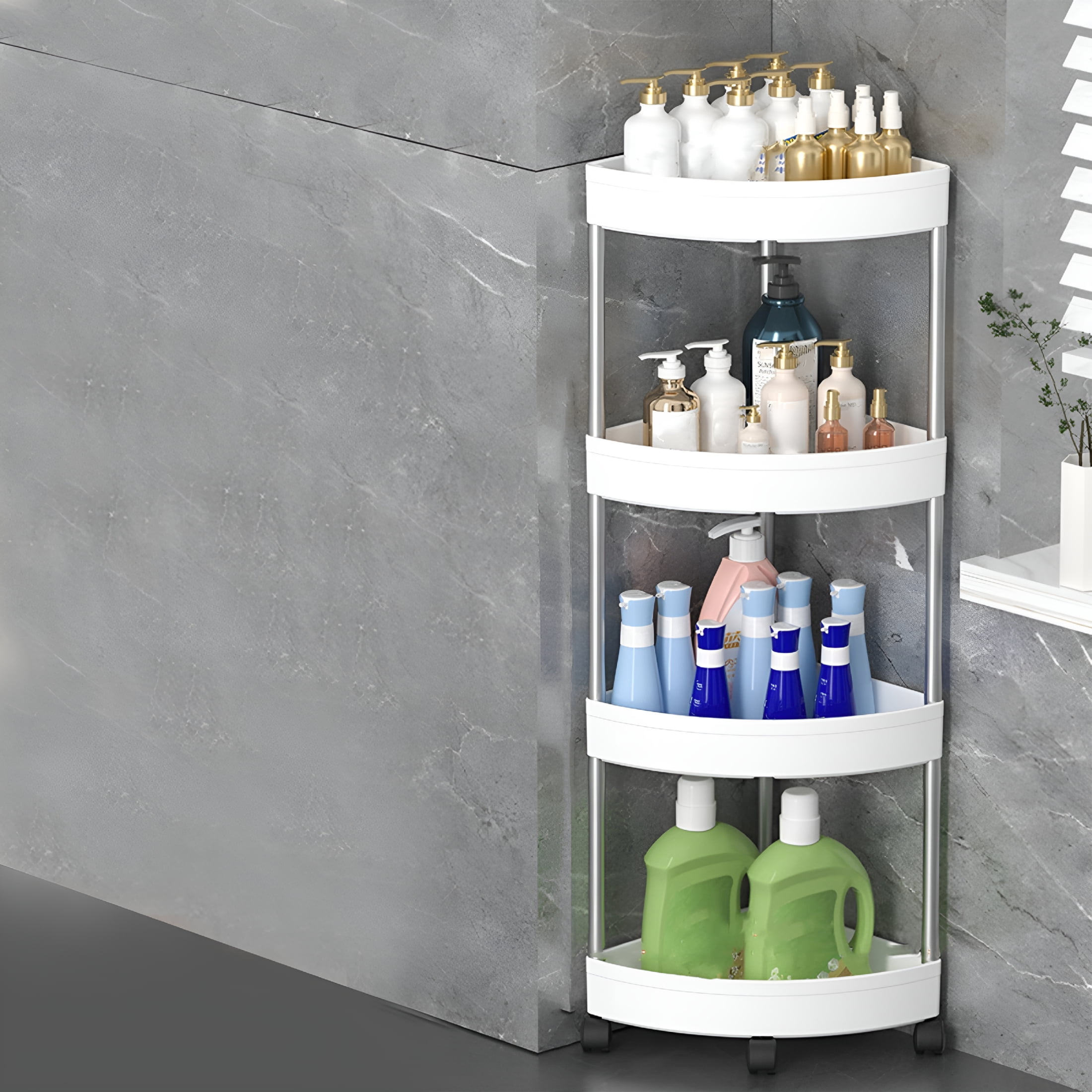 ACDANC Corner Shower Caddy Tension Pole Shower Organizer with 4 Tier Shelf for Bathroom Bathtub Tub Shampoo - Floor Standing Rack Bath Storage Holder