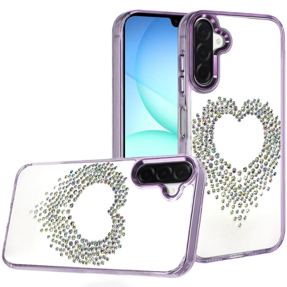 For Samsung A17 5G Angel Hearts Bling Shimmer Colorful Glitter Chrome Edged Hybrid Case - Purple