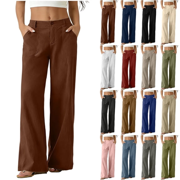 Bloomae Linen Pants Women Loose Wide Leg Elastic Waist Flowy Palazzo Casual Lounge Pants with Pockets Lightweight Comfy Beach Travel Trousers