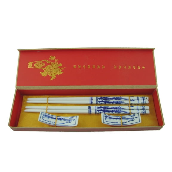 Set of Blue Porcelain Chopsticks w/ Picture of Orchid