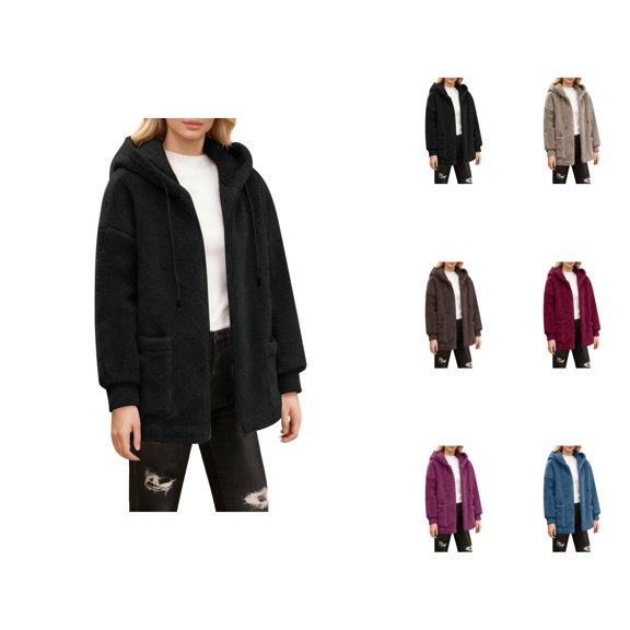 Heavyweight Sherpa Fleece Jacket Women Long Sleeve Casual Zip Up Hoodie with Pockets Fall Winter Fuzzy Warm Coat Outerwear