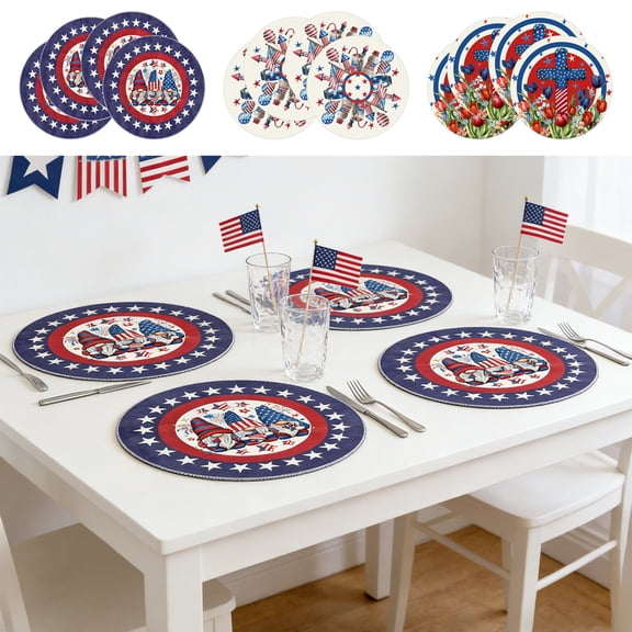 4pcs Independence Day Linen Placemats, Patriotic Red White Blue Star Design Washable Heat Resistant Table Mats, for 4Th Of July Decorations Dinner Party and Kitchen Dining Decor, A