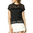 thumbnail image 1 of Allegra K Top de encaje floral transparente con mangas cortas y dobladillo curvo transparente para mujer Negro XS, 1 of 6
