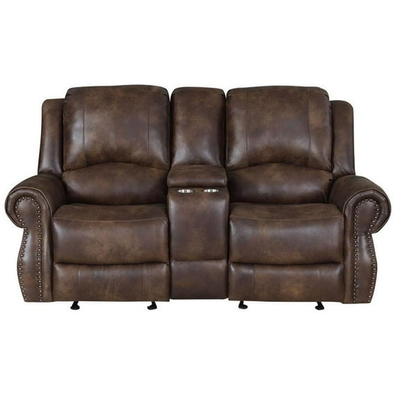 Navarro  Saddle Brown Faux Leather Reclining Console Loveseat