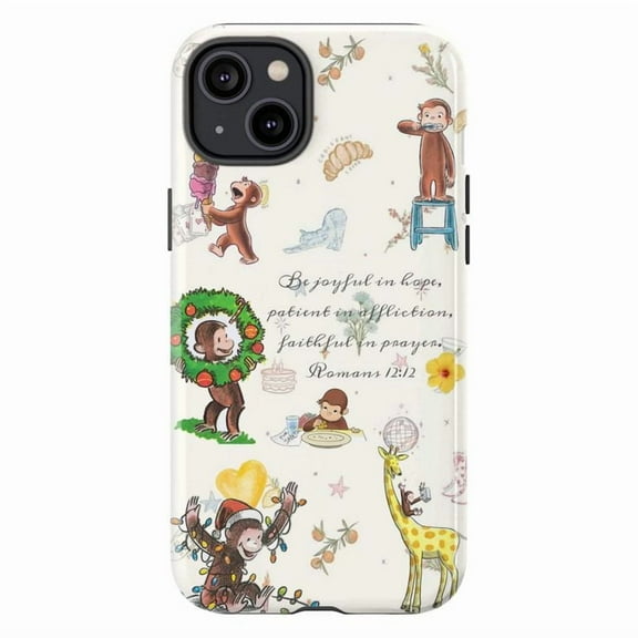 Curious Monkey Inspirational Quote Phone Case, Romans 12:12 Bible Verse with Cute Cartoon Design for iPhone 16 15 14 13 12 11 Pro Max Plus Mini