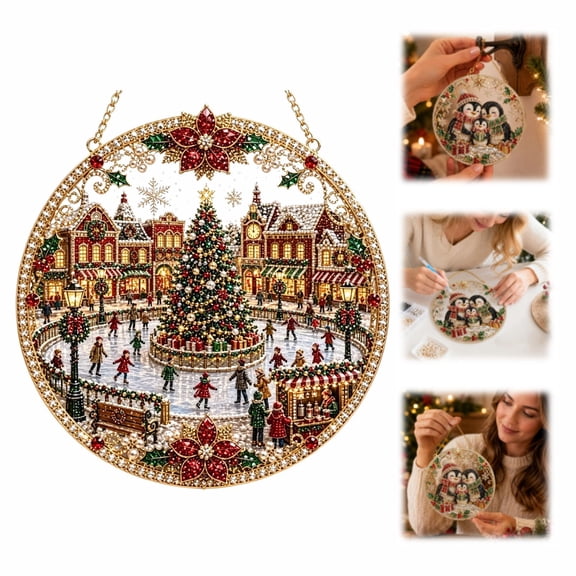 Winter Holiday Diamond Art Suncatcher Making Kit, Clear Circular Acrylic Base, Pre‑Attached Hanging Hardware, Fun DIY Project for Christmas Home Decoration