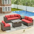 thumbnail image 6 of ALAULM 8 Pieces Outdoor Patio Furniture Set with Propane Fire Pit Table Outdoor Sectional Sofa Sets Patio Furniture 43" Gas Fire Pit Brown PE Rattan Patio Conversation Set w/6 Cushions, Red, 6 of 9