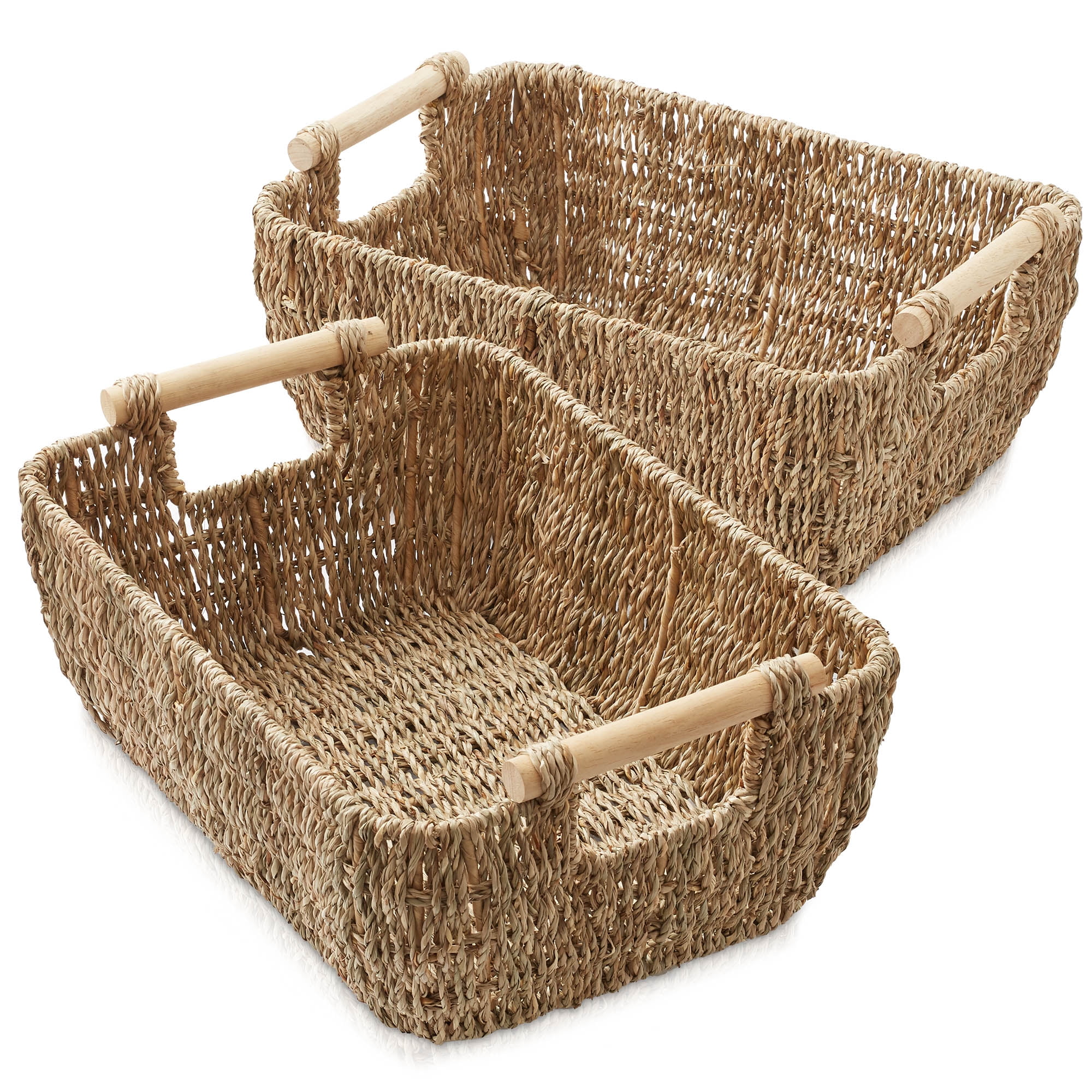 Casafield (Set of 2) Seagrass Oval Storage Baskets with Wooden Handles - Large Woven Bin Organizers