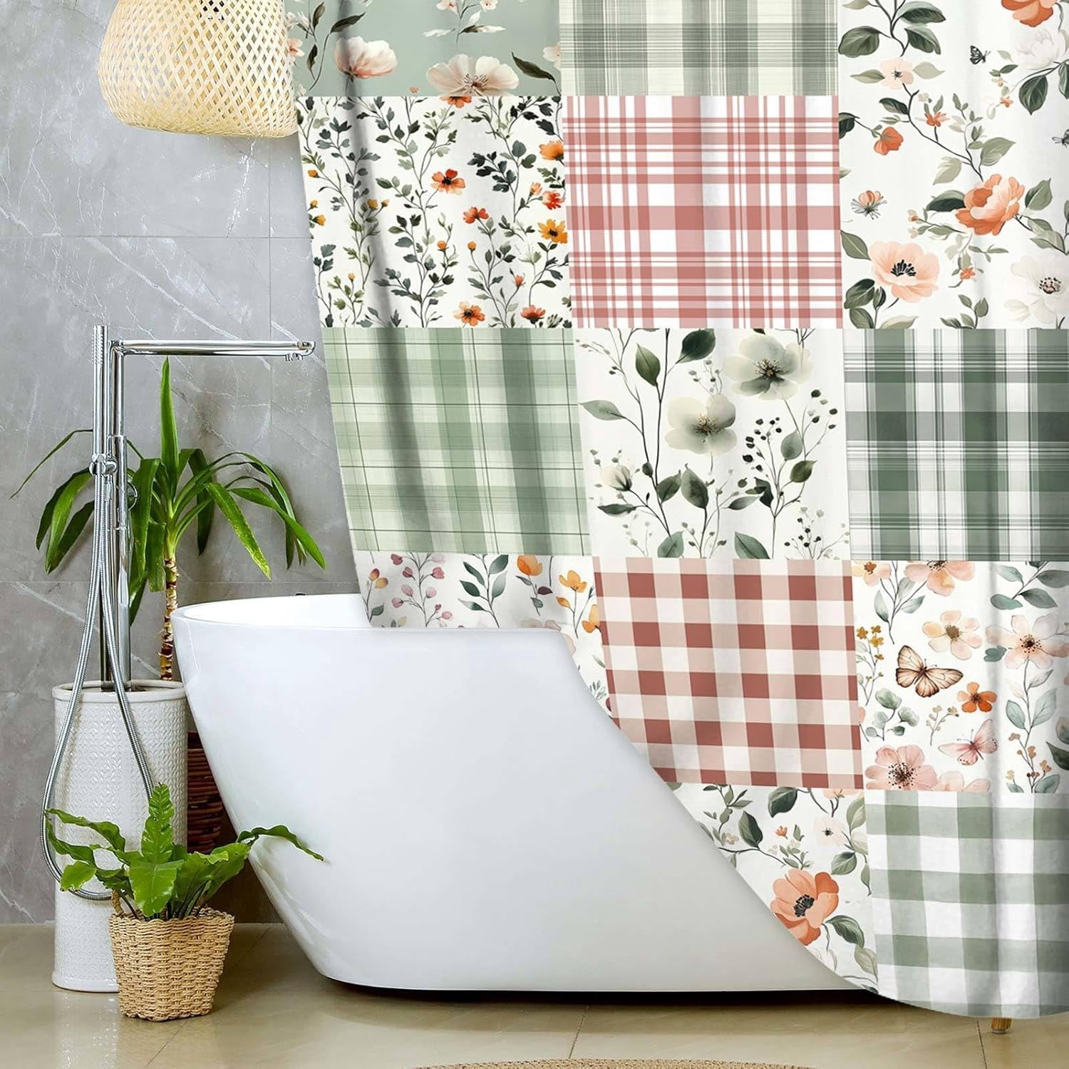 Cute Plaid Floral Shower Curtain, Boho Sage Green Flower Fabric Shower Curtains for Bathroom, Retro Pink Flower Checkered Patchwork Bath Curtain Set Washable Waterproof with 12Hooks 72X72IN