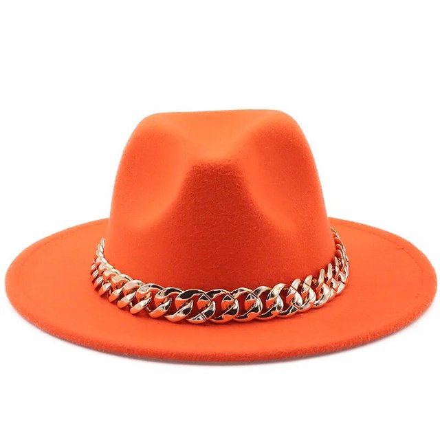 Fedoras-sombrero fedora con cadena dorada para hombre y mujer, gorro de ala ancha, color sólido, jazz, Otoño e Invierno