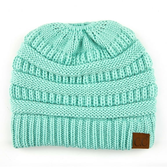 C.C Messy Bun Ponytail Beanie Cozy Knit Winter Hat for Women, Mint