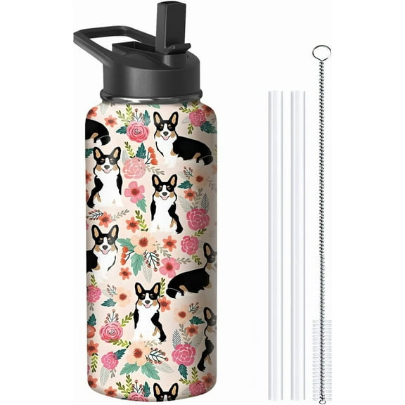 32oz Corgi Water Bottle with Handle and Flip Straw, Dog Animal Sports Stainless Steel Insulated Cup Travel Coffee Mug Tumbler, Birthday Mothers Day Chritmas Gifts for Women