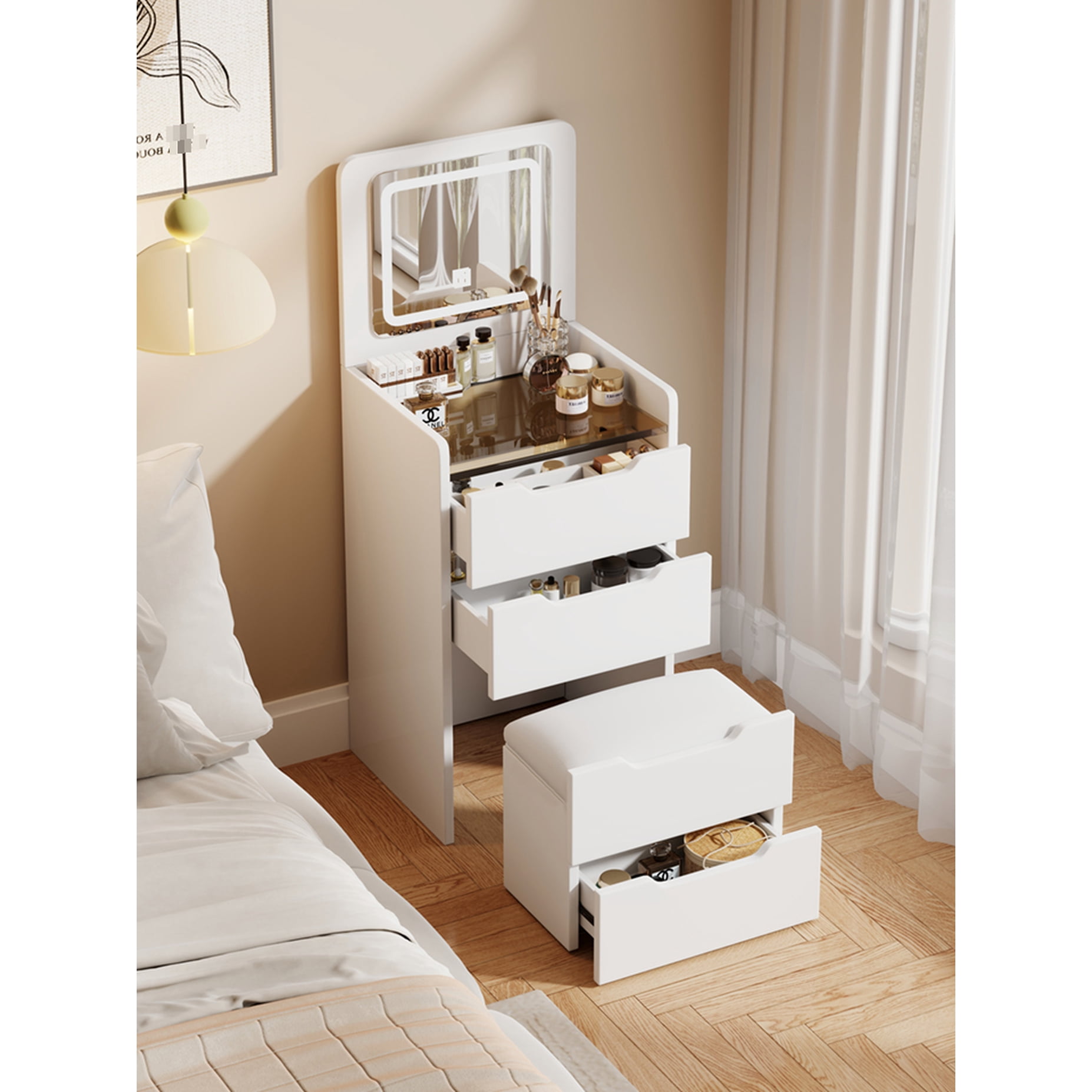 Compact Makeup Vanity With Visible Desktop And Drawer , White Bedroom Furniture, Functional Beauty Station Flip Top Lighted Mirror Internal Space, Dressing Desk, Elegant Furniture