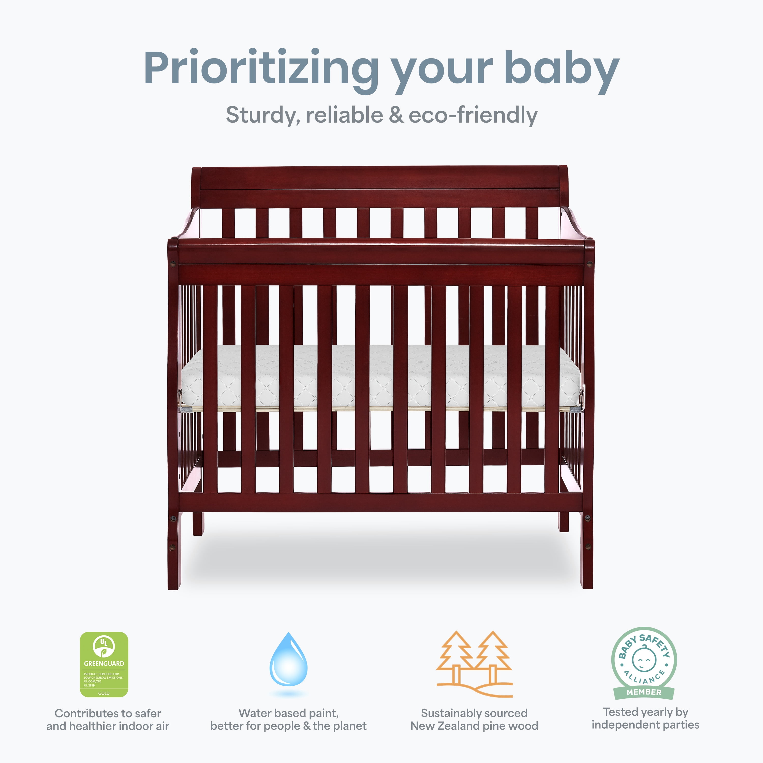 Dream On Me Aden 4-in-1 Convertible Mini Crib In Cherry, Greenguard Gold Certified
