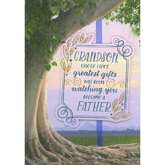 Designer Greetings One of Life's Greatest Gifts 3D Banner, Gems, Blue Ribbon and Curving Tree Trunk and Branches Hand Decorated Fathers Day Card for Grandson