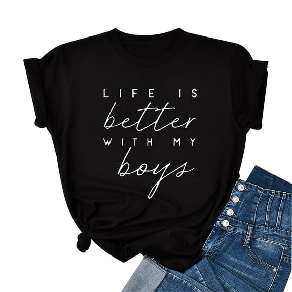 Life is Better with My Boys Shirts Women Boy Mom T-Shirt for Women Mama Graphic Tee Gifts for Mom Mothers day