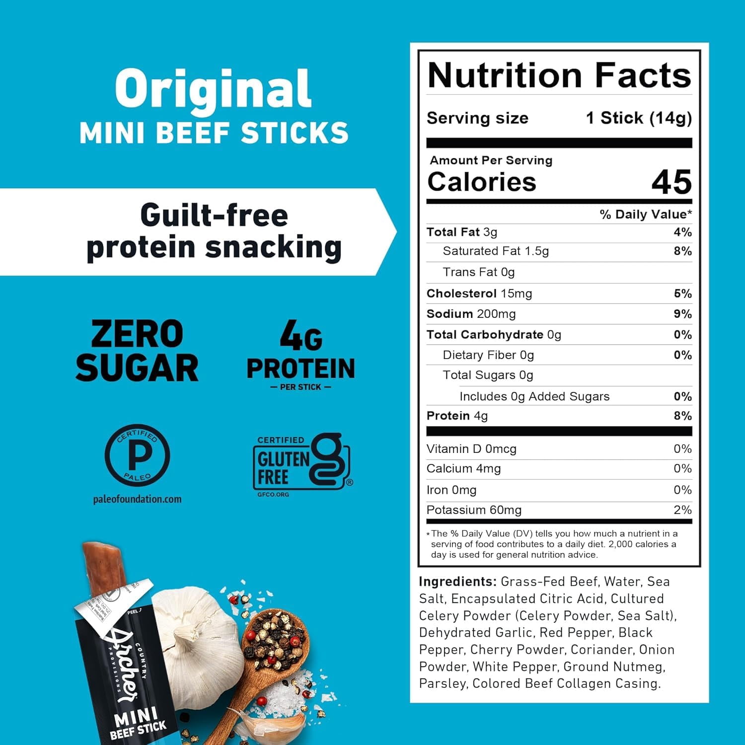 Pack of 8, Country Archer Provisions Original Grass-Fed Beef Stick Minis, 8 oz
